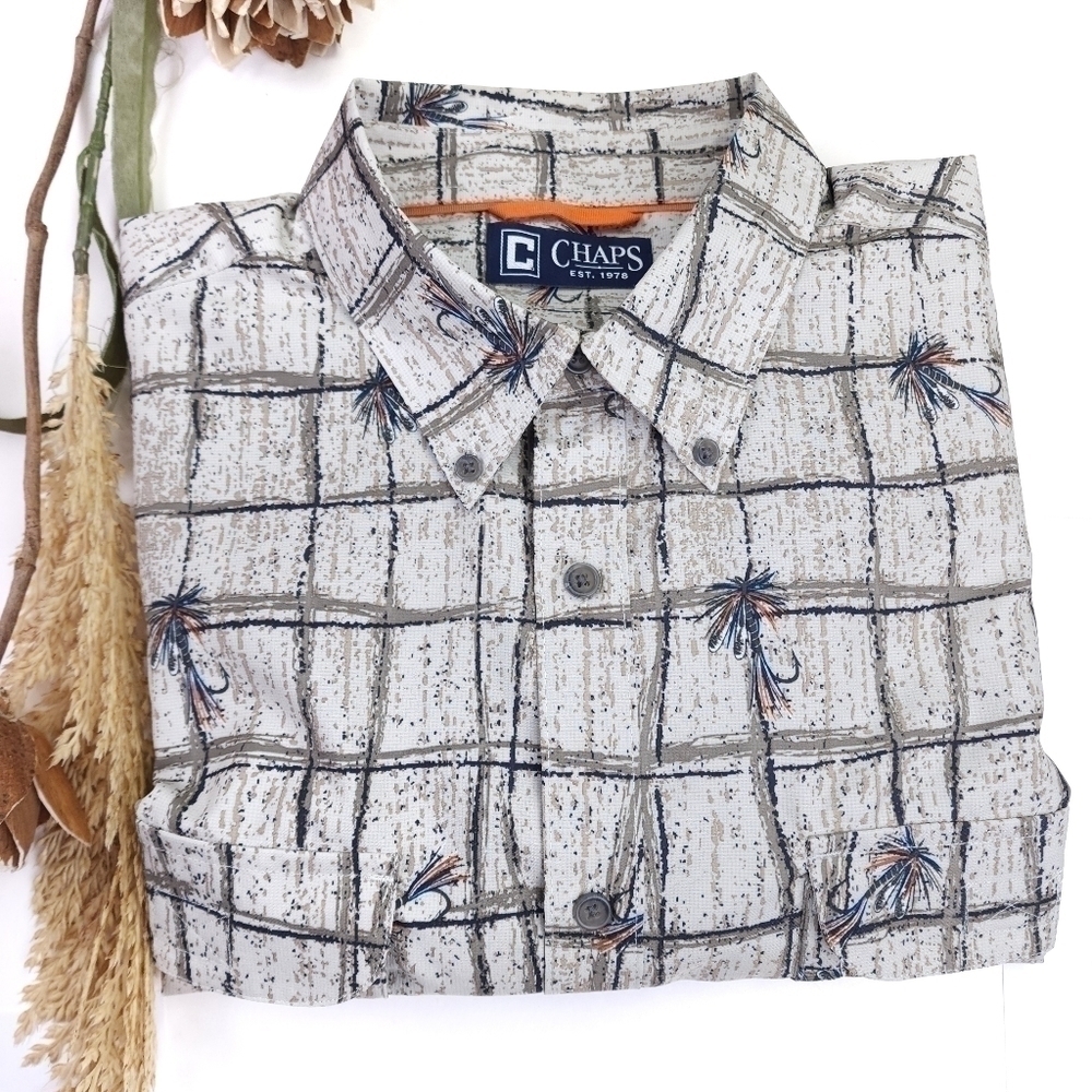 New Chaps Men Long Sleeve Fly Fish Outdoors Long Sleeve Button Down Size L - Picture 2 of 9